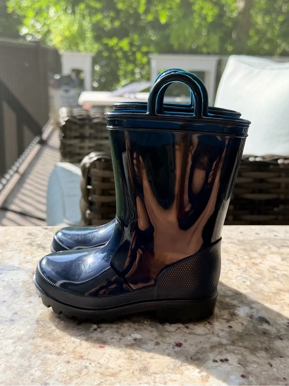 Kids Glossy Navy Rain Boots with Easy Pull Loops